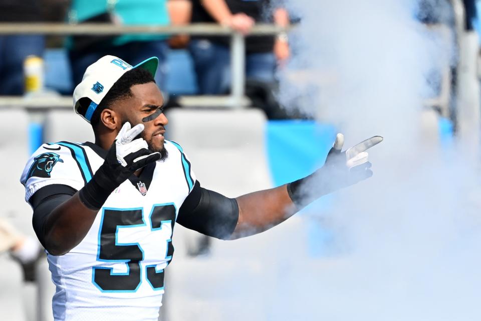 Oct 9, 2022; Charlotte, North Carolina, USA; Carolina Panthers defensive end Brian Burns (53) is introduced before the game at Bank of America Stadium. Mandatory Credit: Bob Donnan-USA TODAY Sports