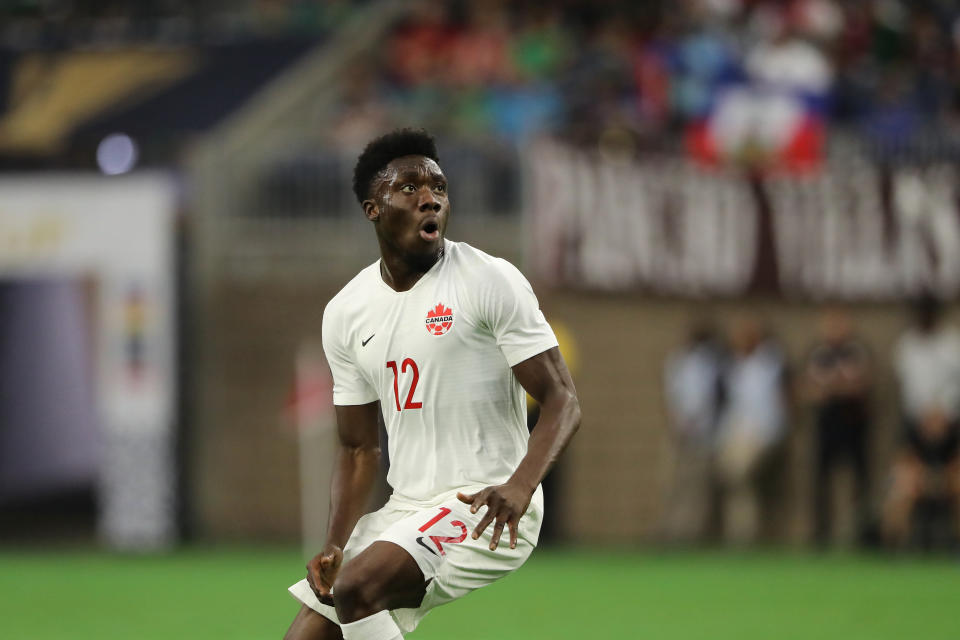 HOUSTON, TX - JUNE 29: Alphonso Davies of Canada during the 2019 CONCACAF Gold Cup Quarter Final match between Haiti v Canada at NRG Stadium on June 29, 2019 in Houston, Texas. (Photo by Matthew Ashton - AMA/Getty Images)