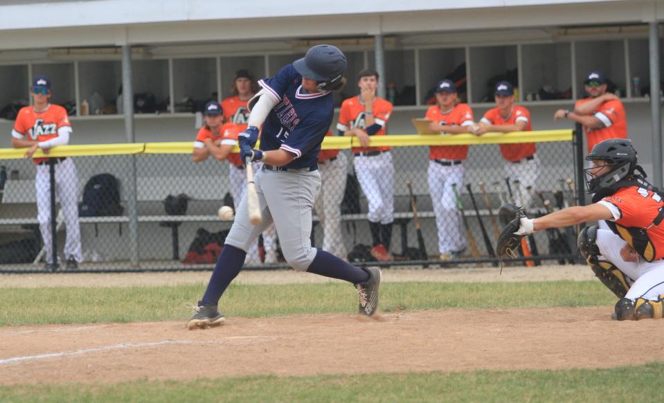 Watkins Memorial graduate Dominic Depa hits for the Licking County Settlers against the visiting Richmond Jazz during a 15-11 loss in the season opener at New Albany on Tuesday, June 6, 2023.