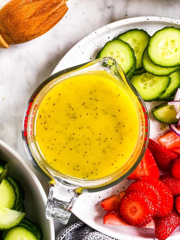 <p>Savory Nothings</p><p>This lemon poppy seed salad dressing is the perfect thing to put on all your spring and summer-inspired salads.</p><p><strong>Get the recipe: <a href="https://www.savorynothings.com/lemon-poppy-seed-salad-dressing/" rel="nofollow noopener" target="_blank" data-ylk="slk:Lemon Poppy Seed Salad Dressing;elm:context_link;itc:0;sec:content-canvas" class="link ">Lemon Poppy Seed Salad Dressing</a></strong></p>