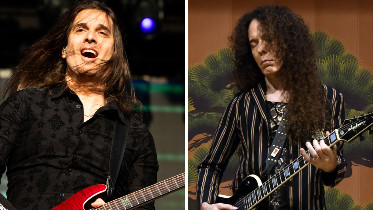  Former Megadeth guitarists Kiko Loureiro and Marty Friedman performing onstage. 
