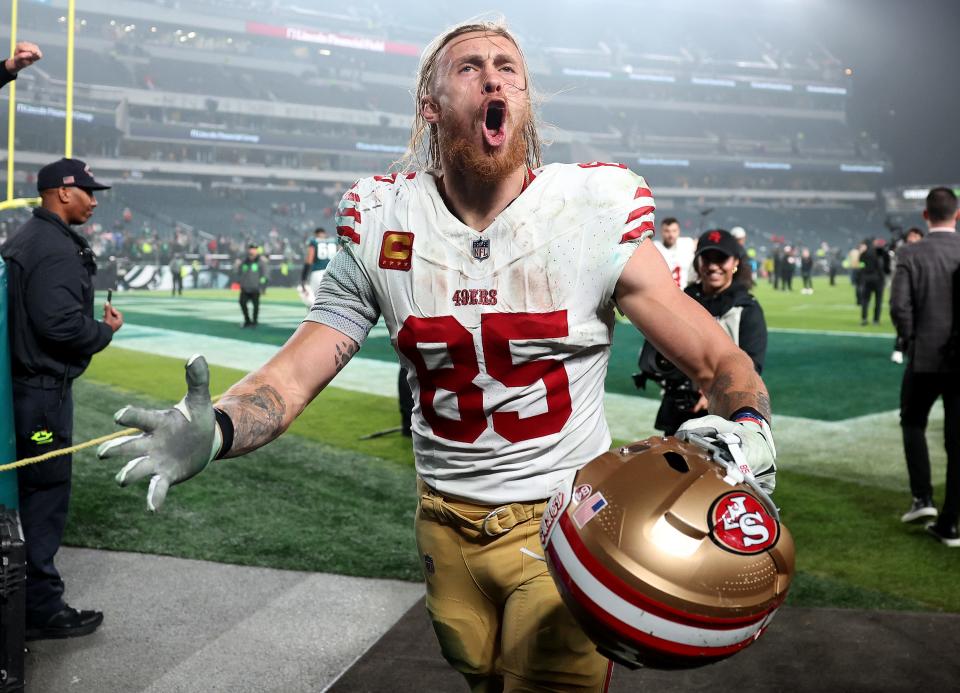 George Kittle #85 of the San Francisco 49ers celebrates a win over the Philadelphia Eagles at Lincoln Financial Field on December 03, 2023 in Philadelphia, Pennsylvania.