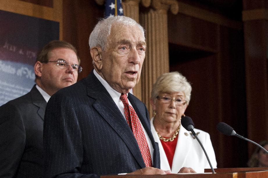 Sen. Frank Lautenberg, D-N.J., center, leads a news conference on Capitol Hill in Washington, Tuesday, July 24, 2012, to criticize the sale of high-capacity magazines for assault rifles that are sold to the public. He is joined by Sen. Robert Menendez, D-N.J., left, and Rep. Carolyn McCarthy, D-N.Y., right. A previous federal ban on high-capacity ammunition magazines was allowed to lapse in 2004. (AP Photo/J. Scott Applewhite)