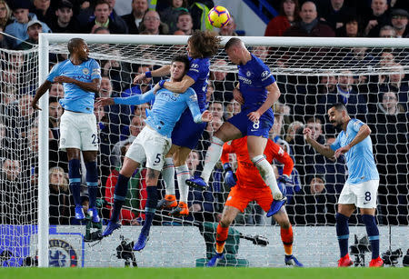 Soccer Football - Premier League - Chelsea v Manchester City - Stamford Bridge, London, Britain - December 8, 2018 Chelsea's David Luiz scores their second goal REUTERS/Eddie Keogh