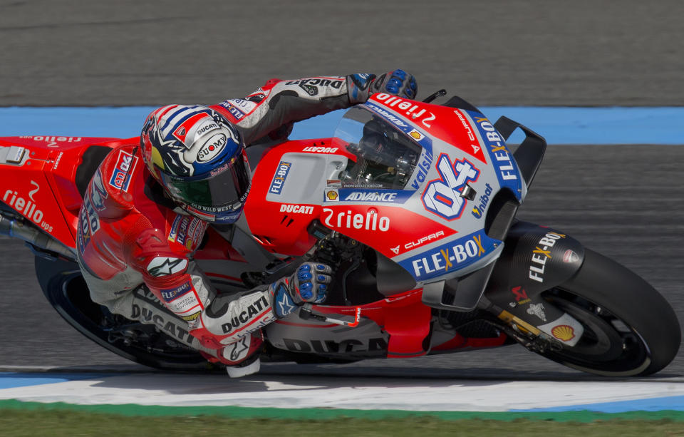 Italy's rider Andrea Dovizioso of the Ducati Team rides during Thailand's inaugural MotoGP qualifying at the Chang International Circuit in Buriram, Thailand, Saturday, Oct. 6, 2018. (AP Photo/Gemunu Amarasinghe)