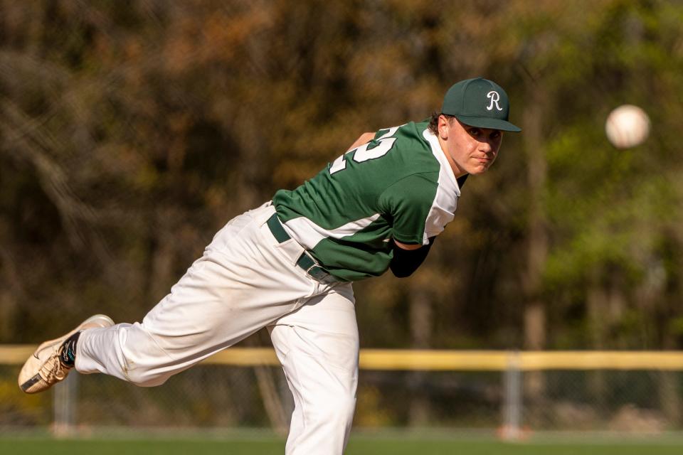 Ramapo baseball hosts Old Tappan in Franklin Lakes, NJ on Friday, April 14, 2023. R #22 Charlie Wingfield pitches the ball.