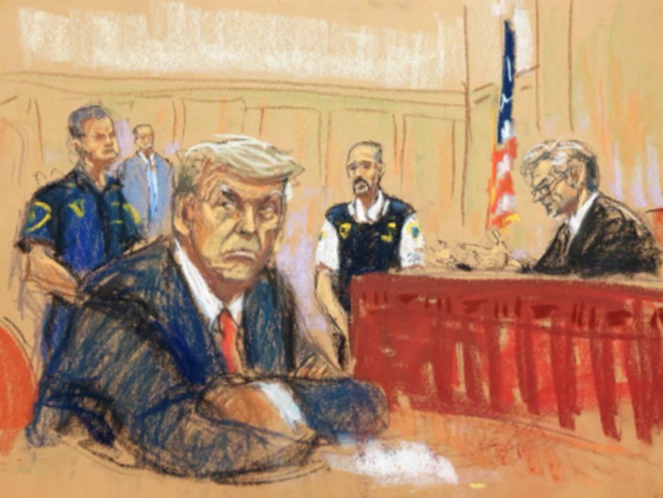 A court sketch capturing Donald Trump on the day of his arraignment (Manhattan Courts)