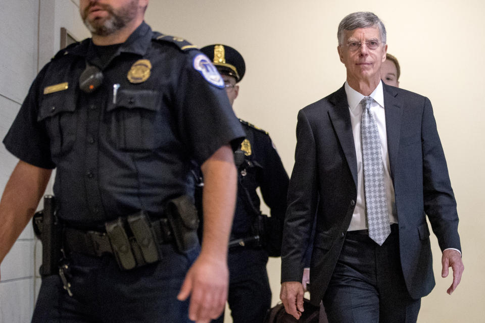 Ambassador William Taylor, Jr. arrives for a closed door meeting to testify as part of the House impeachment inquiry into President Donald Trump on Capitol Hill in Washington, Tuesday, Oct. 22, 2019. (AP Photo/Andrew Harnik)