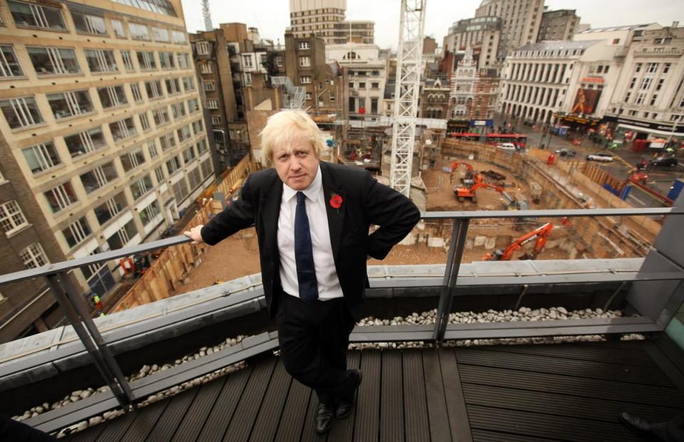 Mayor of London, Boris Johnson stands on a balcony overlooking the Crossrail construction site at Tottenham Court Road tube station (October 2009) (Getty Images)