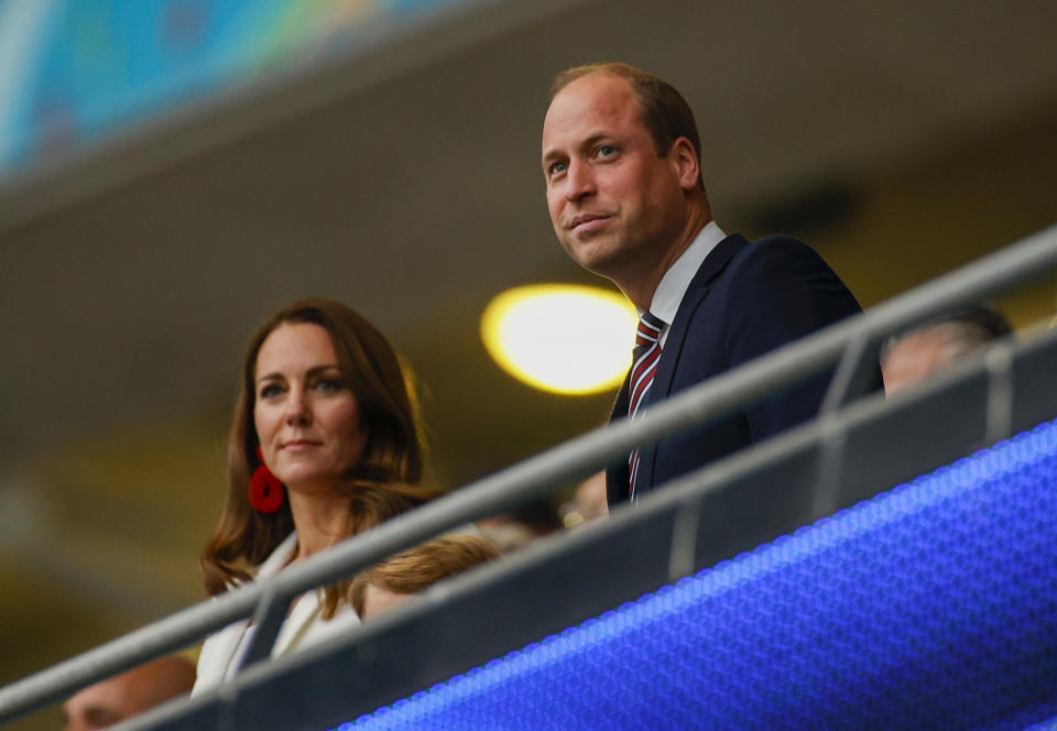 Britain's Prince William and his wife Kate watch the Euro 2020 soccer championship final between England and Italy at Wembley stadium in London, Sunday, July 11, 2021. (John Sibley/Pool Photo via AP)