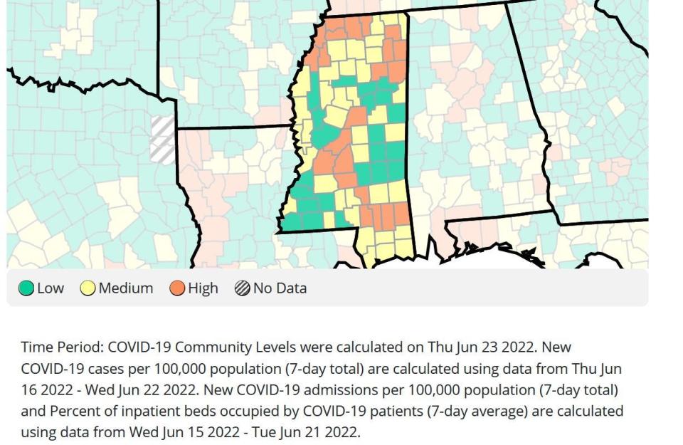 This map from the Centers for Disease Control shows the spread of COVID-19 in Mississippi from June 16-22, 2022.