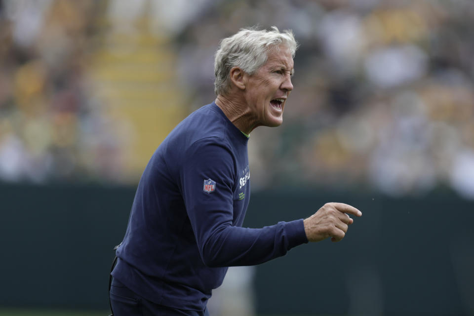 Seattle Seahawks head coach Pete Carroll reacts on the sideline in the first half of a preseason NFL football game against the Green Bay Packers, Saturday, Aug. 26, 2023, in Green Bay, Wis. (AP Photo/Matt Ludtke)
