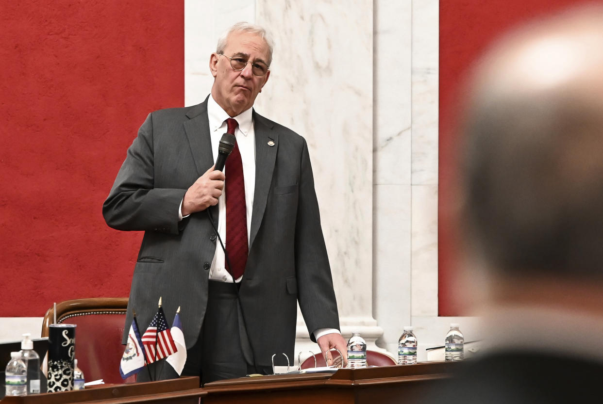 In this photo provided by West Virginia Legislative Services, state Sen. Charles Trump stands in the Senate chambers in Charleston, W.Va., Friday, March 10, 2023. (Will Price/West Virginia Legislative Services via AP)