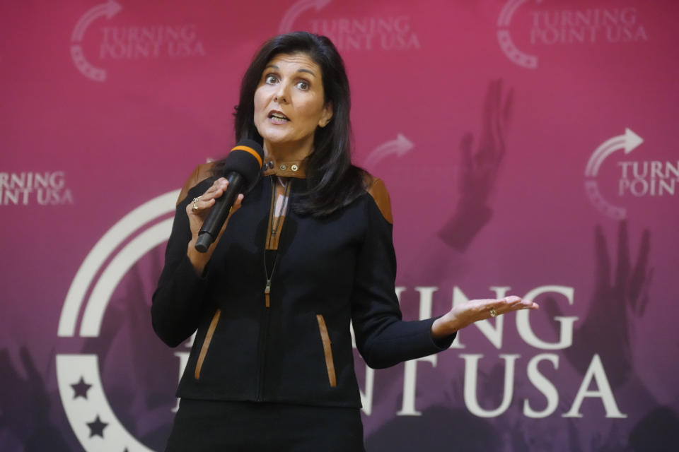 FILE - Former U.N. Ambassador Nikki Haley speaks during an event sponsored by Turning Point USA at Clemson University on Nov. 29, 2022, in Clemson, S.C. In the opening stages of the GOP presidential primary, the "parents' rights" movement and lessons for school children are emerging as a critical flashpoint. (AP Photo/Meg Kinnard, File)