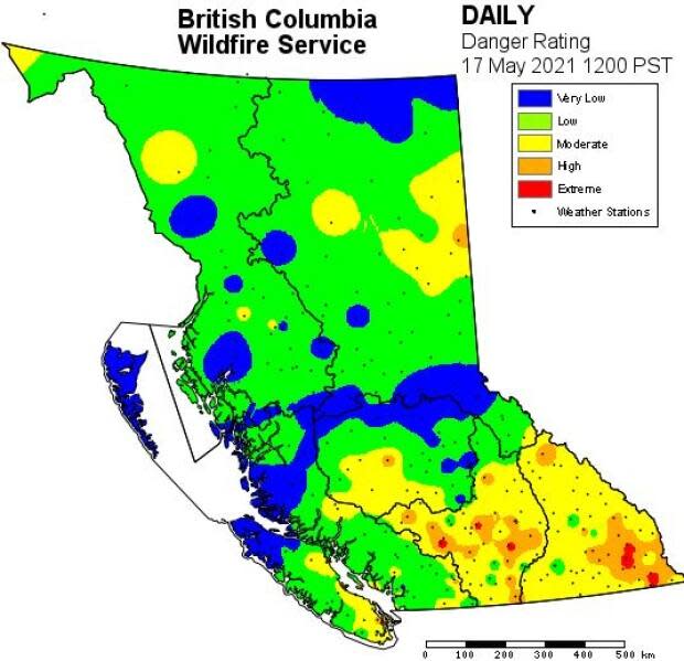 Pockets of high to extreme fire danger can be seen in the B.C. Wildfire Service daily rating of danger zones in the province which was released at 12:00 p.m. PT.