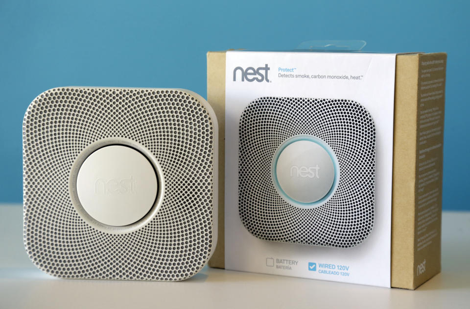 FILE - In this Tuesday, Oct. 1, 2013, file photo, the Nest smoke and carbon monoxide alarm is shown at the company's offices, in Palo Alto, Calif. Google said Monday, Jan. 13, 2014, it will pay $3.2 billion to buy Nest Labs, which develops high-tech versions of devices like thermostats and smoke detectors. (AP Photo/Marcio Jose Sanchez)