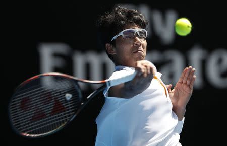 Tennis - Australian Open - Quarterfinals - Rod Laver Arena, Melbourne, Australia, January 24, 2018. Chung Hyeon of South Korea hits a shot against Tennys Sandgren of the U.S. REUTERS/Issei Kato