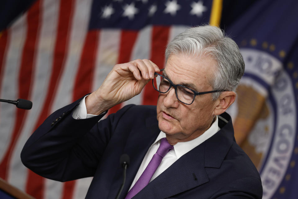 WASHINGTON, DC - SEPTEMBER 20: Federal Reserve Board Chairman Jerome Powell speaks during a news conference after a Federal Open Market Committee meeting on September 20, 2023 at the Federal Reserve in Washington, DC. In the face of slowing inflation and strong consumer spending, the Federal Reserve announced that it will keep the interest rate steady, holding the benchmark borrowing rate to a range of 5.25% to 5.5%. (Photo by Chip Somodevilla/Getty Images)