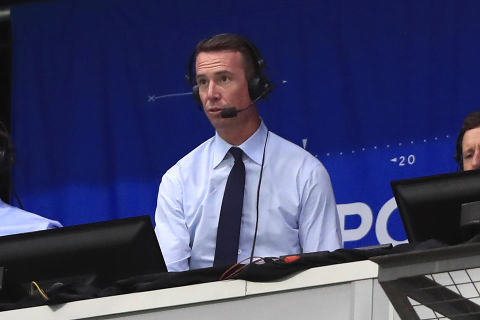 ATLANTA, GA - OCTOBER 15: Former Falcons quarterback Matt Ryan was part of the CBS broadcast team  for the week 6 NFL game between the Atlanta Falcons and the Washington Commanders on October 15, 2023 at Mercedes-Benz Stadium in Atlanta, Georgia.  (Photo by David J. Griffin/Icon Sportswire via Getty Images)