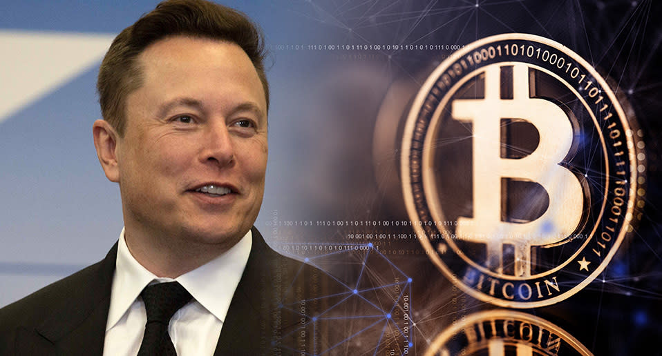 Tesla CEO Elon Musk and Bitcoin symbol. 