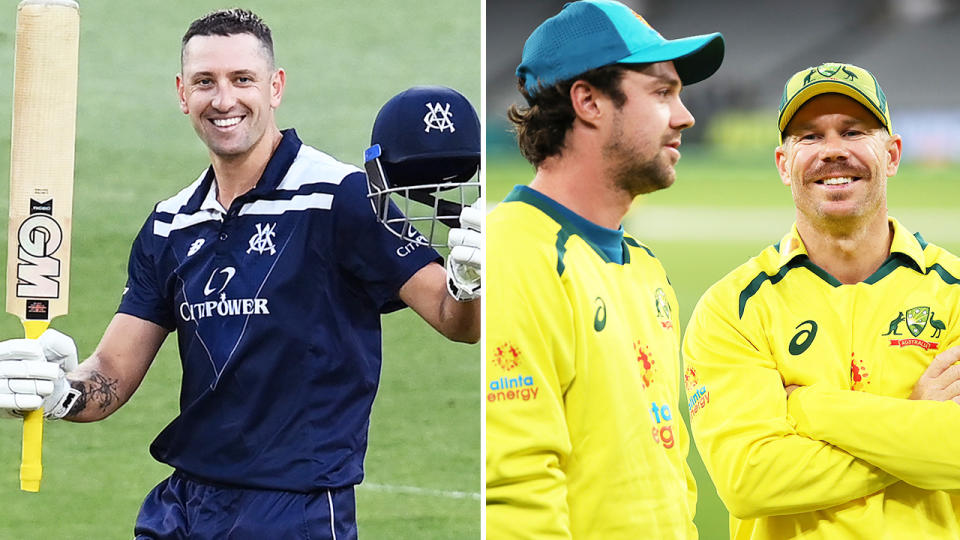 Travis Head and David Warner, pictured here alongside Matt Short on the cricket field.