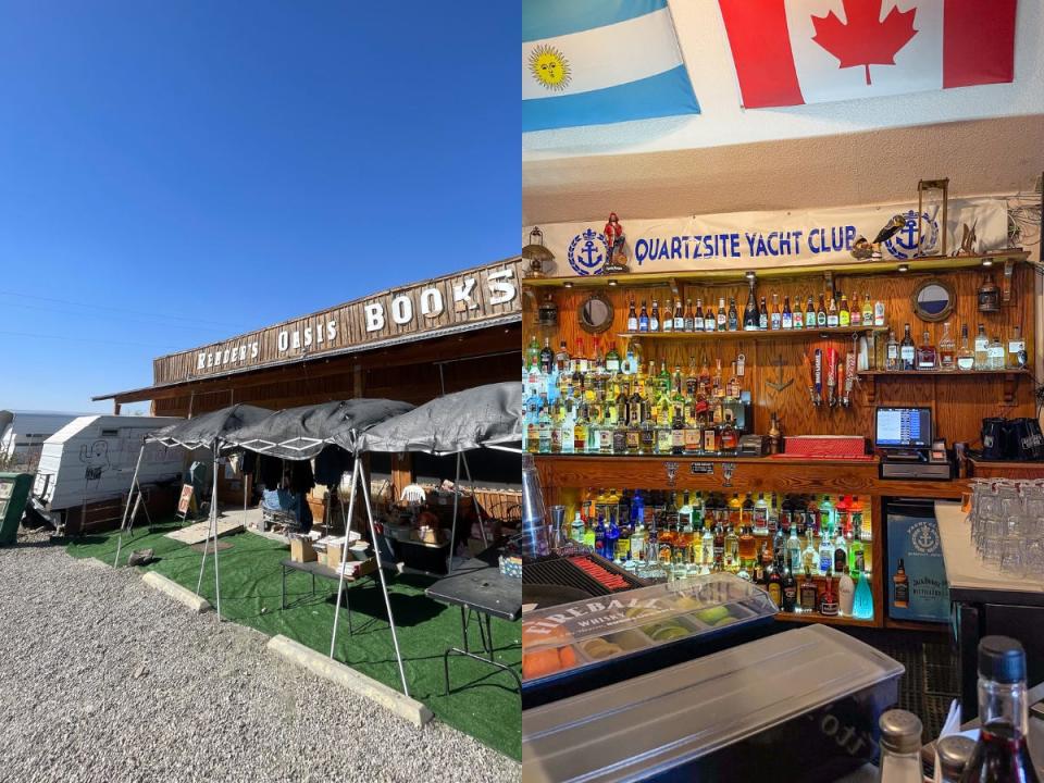 Side-by-side images of Reader's Oasis Books and the Quartzsite Yacht Club.