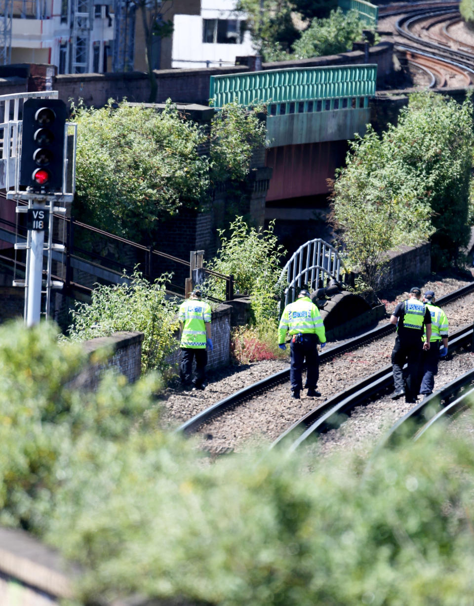 Police officers are seen on the tracks at Loughborough Junction (SWNS)