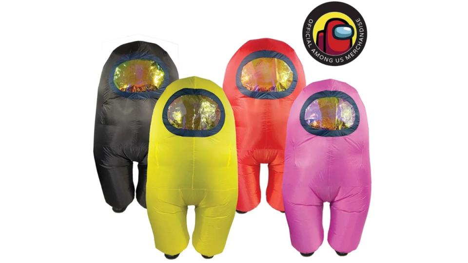 Among Us Inflatable costumes in black, yellow, red, and pink