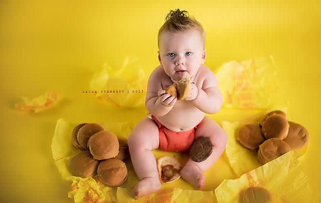 Laura photographed Liam surrounded by cheeseburgers. Photo: Laura Stennett Photography