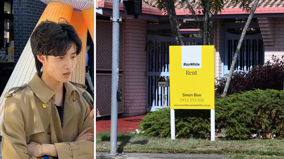 A composite image of a man who rents in Canberra and a sign out the front of a property that indicates it is for rent.