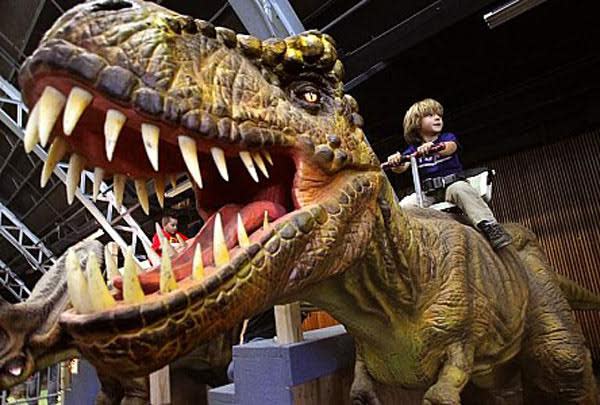 A child sits on a stationary dinosaur attraction at the Jurassic Quest interactive dinosaur experience.