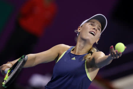 Tennis - WTA Premier 5 - Qatar Open - Semifinals - Doha, Qatar - February 17, 2018. Caroline Wozniacki of Denmark in action against Petra Kvitova of Czech Republic. REUTERS/Ibraheem Al Omari