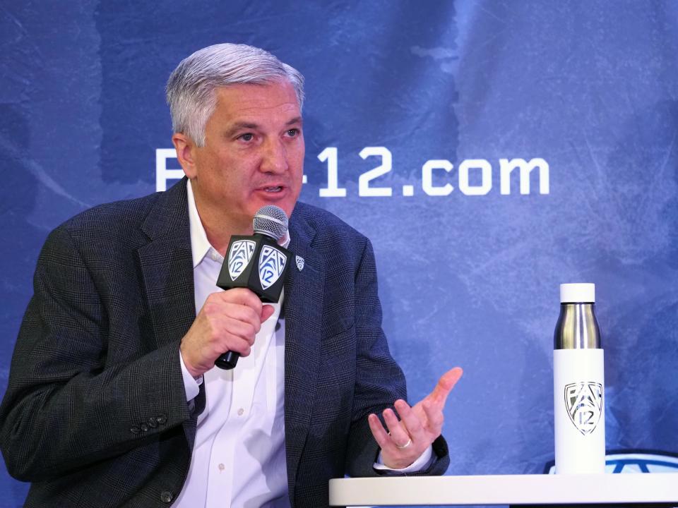 Oct. 13, 2021; San Francisco, California; Pac-12 commissioner George Kliavkoff addresses name, image, likeness, protocols during Pac-12 men’s basketball media day. Kelley L Cox-USA TODAY Sports