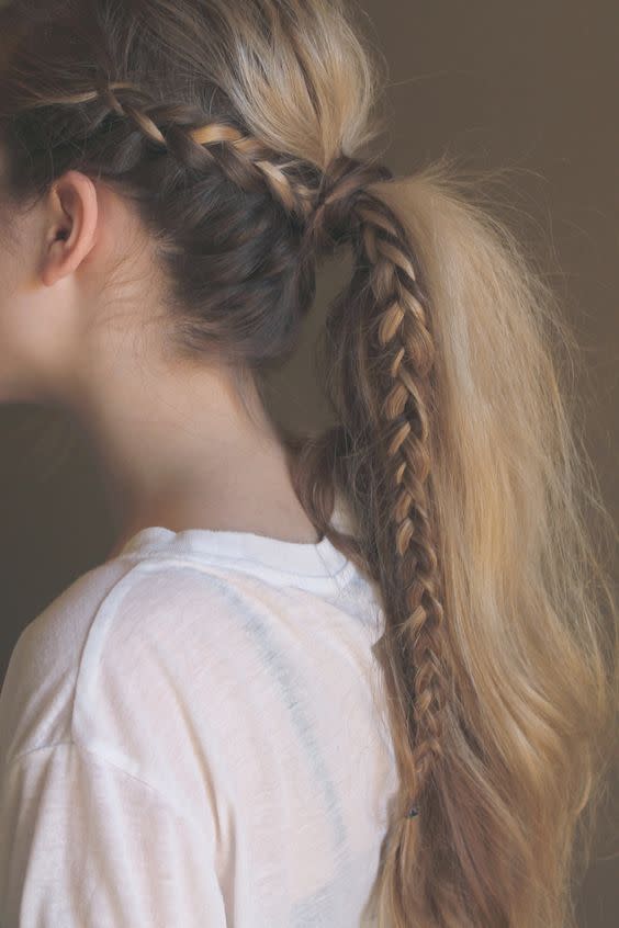 <p>A boring low ponytail basically screams a bad second day hair do. Add a stylish plait into a high and volumed pony and you have yourself a quick stylish hairstyle. <i><a href="https://uk.pinterest.com/pin/352336370826933370/" rel="nofollow noopener" target="_blank" data-ylk="slk:[Photo: Pinterest];elm:context_link;itc:0;sec:content-canvas" class="link ">[Photo: Pinterest]</a></i></p>