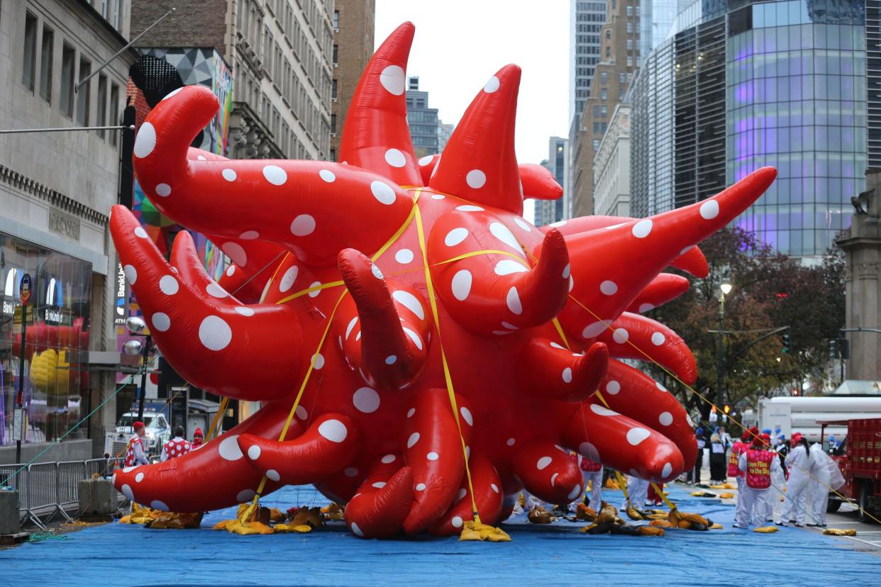 New York, N.Y/USA – 26th Nov. 2020: Balloons are tied down on the parade route in the 94th Macy's Thanksgiving Day Parade in New York City, Nov. 26, 2020.