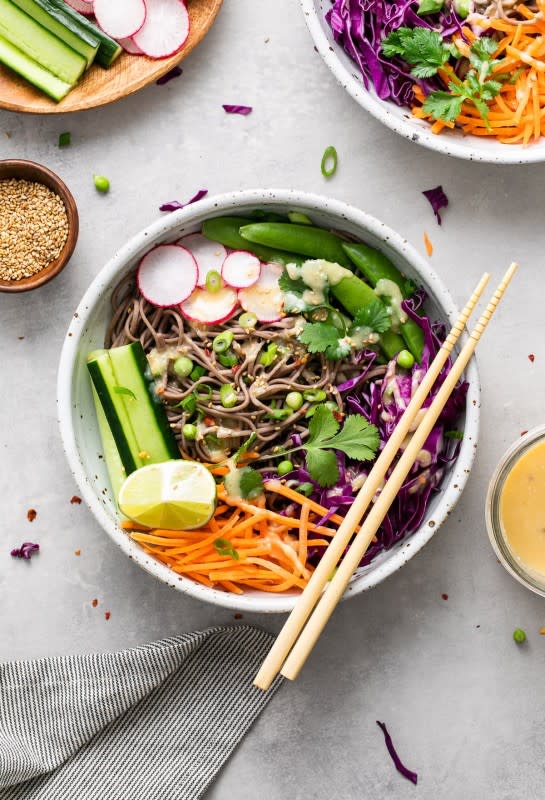 <p>Rich in protein and fiber, this quick and easy 100% soba noodle bowl with fresh veggies, buckwheat noodles and miso dressing is simple, healthy and delicious! Vegan, low-fat and gluten-free recipe.</p><p><strong>Get the recipe: <a href="https://simple-veganista.com/sugar-snap-pea-soba-noodle-bowl-miso/" rel="nofollow noopener" target="_blank" data-ylk="slk:Sugar Snap Pea Soba Noodle Bowl;elm:context_link;itc:0;sec:content-canvas" class="link "><em>Sugar Snap Pea Soba Noodle Bowl</em></a></strong></p>