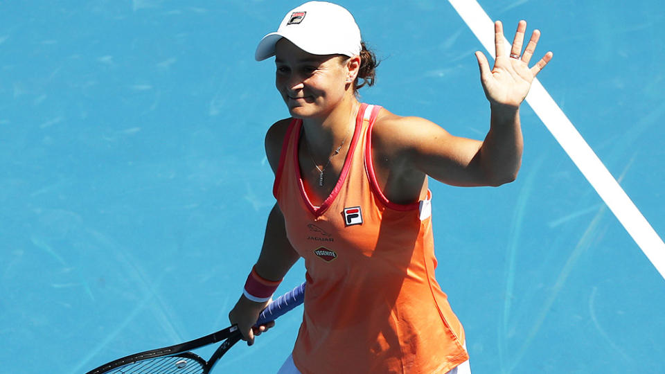 Ash Barty (pictured) thanks her fans after winning her match at the Yarra Valley Classic to move into the quarter-final.