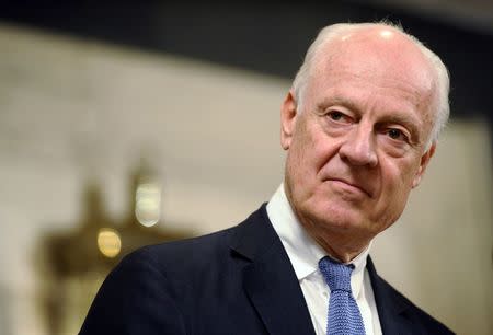 United Nations (U.N.) Special Envoy for Syria Staffan de Mistura looks on during a news conference in Damascus, November 11, 2014. A common threat posed by Islamic State militants to Syria's warring factions may help push government and rebel forces toward local truces, de Mistura said in an interview published on Tuesday. De Mistura is pushing an initiative to create "incremental freeze zones" to stop localised fighting and improve aid access, starting in the northern city of Aleppo. REUTERS/Omar Sanadiki (SYRIA - Tags: POLITICS CONFLICT CIVIL UNREST HEADSHOT)