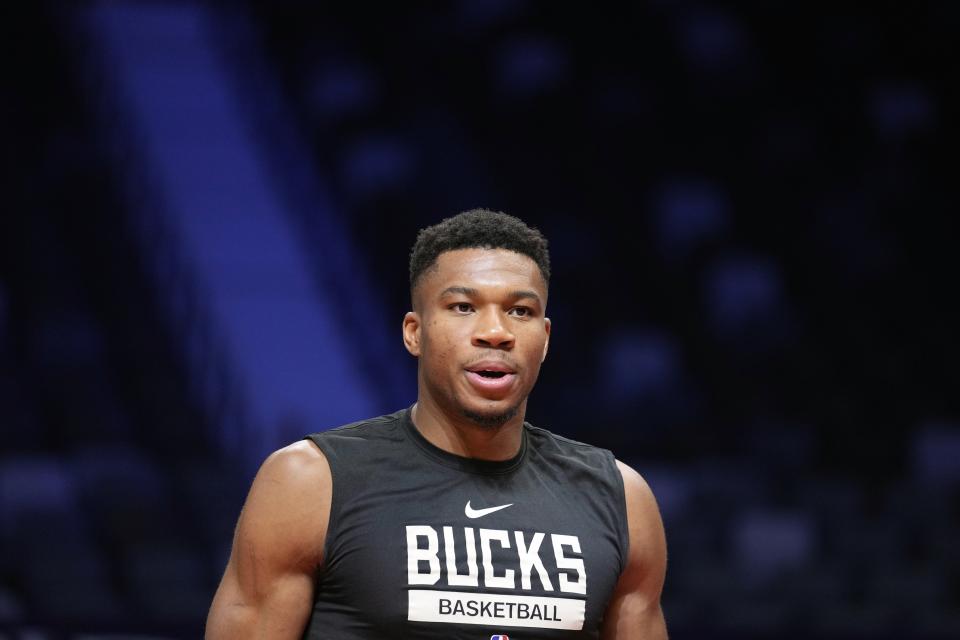 Milwaukee Bucks Giannis Antetokounmpo practices during a training session ahead of the NBA pre-season basketball game against the Atlanta Hawks, in Abu Dhabi, United Arab Emirates, Tuesday, Oct. 5, 2022. (AP Photo/Kamran Jebreili)