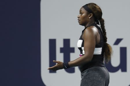 Mar 24, 2019; Miami Gardens, FL, USA; Sloane Stephens of the United States reacts after missing a shot against Tatjana Maria of Germany (not pictured) in the third round of the Miami Open at Miami Open Tennis Complex. Mandatory Credit: Geoff Burke-USA TODAY Sports