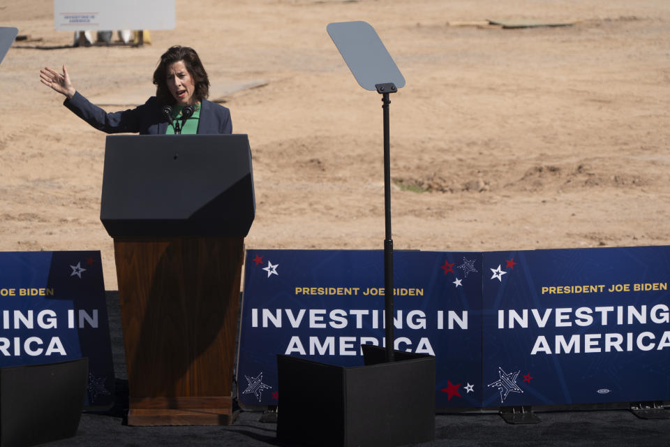 CHANDLER, AZ - MARCH 20: U.S. Secretary of Commerce Gina Raimondo speaks prior to President Joe Biden's remarks at Intel Ocotillo Campus on March 20, 2024 in Chandler, Arizona. Biden announced $8.5 billion in federal funding under the CHIPS Act to Intel, which manufactures semiconductors in Arizona.  (Photo by Rebecca Noble/Getty Images)