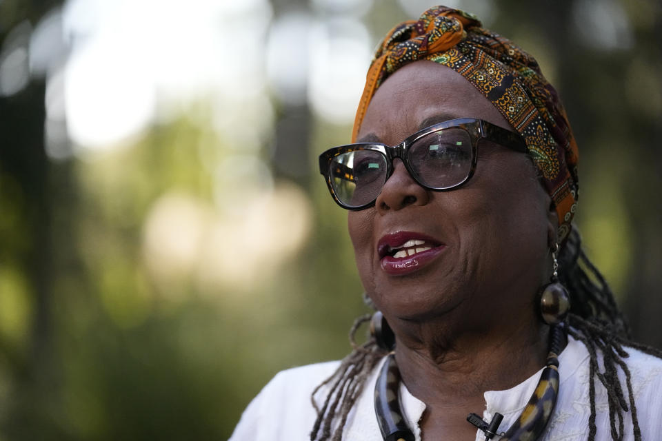 Kitty Green of Gullah Geechie Mahn Tours speaks during an interview with The Associated Press on Tuesday, Sept, 19, 2023, in St. Helena Island, S.C. (AP Photo/Brynn Anderson)