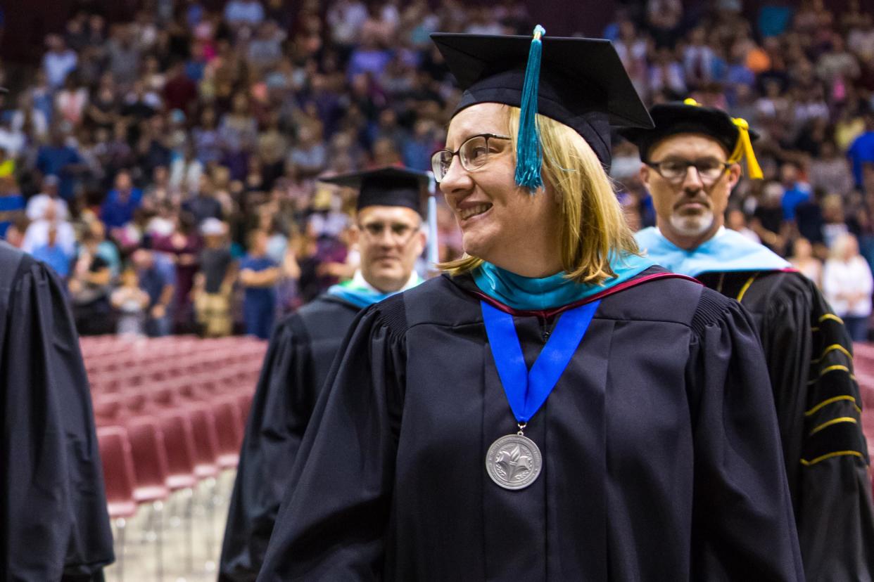 Joan Barrett, vice chancellor for student affairs at Ozarks Technical Community College, at a commencement ceremony in 2017.