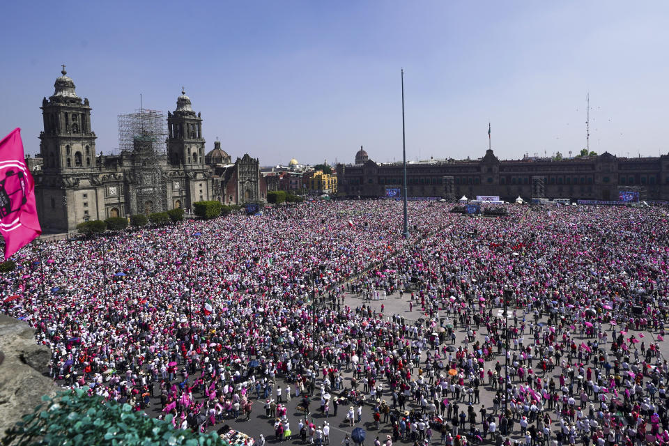 People take part in a march organized by citizen organizations demanding that electoral autonomy be respected in the upcoming general elections in downtown Mexico City, Sunday, Feb. 18, 2024. General elections are scheduled for June 2. (AP Photo/Marco Ugarte)