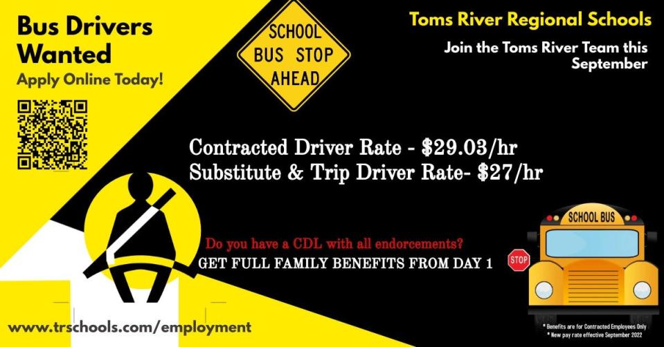 Advertisement for bus driver openings at Toms River Regional schools.