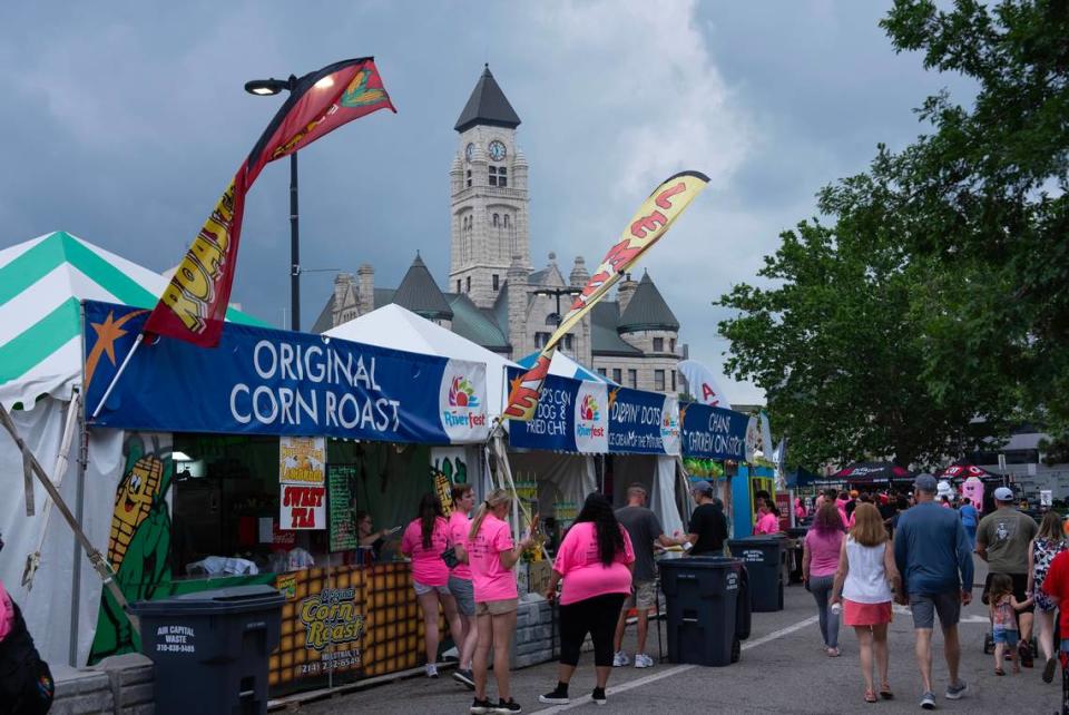 The Wichita Riverfest’s food court is a popular attraction. It is located east of Kennedy Plaza.