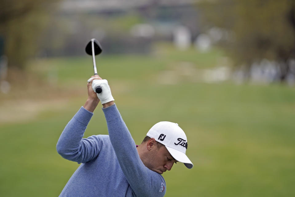 Justin Thomas hits his tee shot on the 12th hole during a practice round for the Dell Technologies Match Play Championship golf tournament Monday, March 22, 2021, in Austin, Texas. (AP Photo/David J. Phillip)