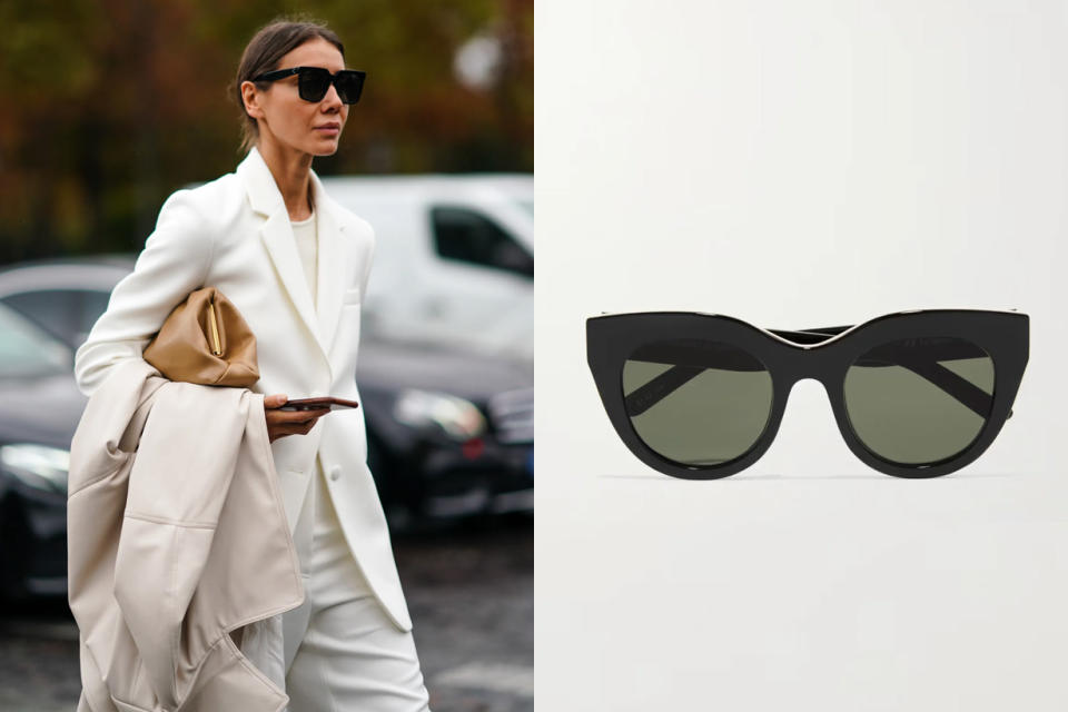 Julie Pelipas wearing quiet luxury black sunglasses during Paris Fashion Week Spring/Summer 2020. / Le Specs