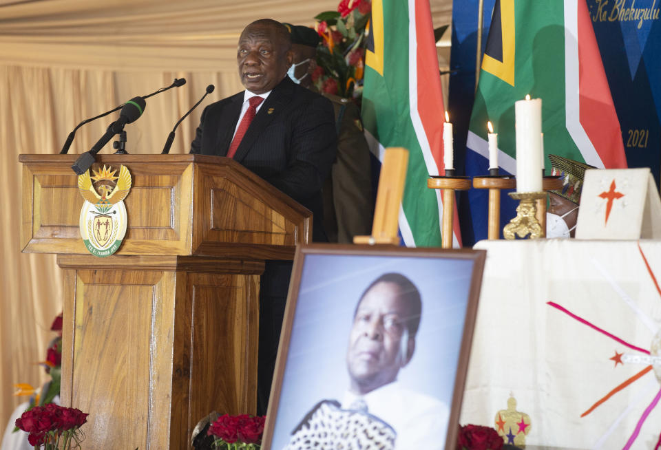 South African President Cyril Ramaphosa, delivers his eulogy during the memorial service for Zulu King Goodwill Zwelithini in Nongoma, South Africa, Thursday, March 18, 2021. The monarch passed away early Friday after a reign that spanned more than 50 years. (AP Photo/Phill Magakoe)