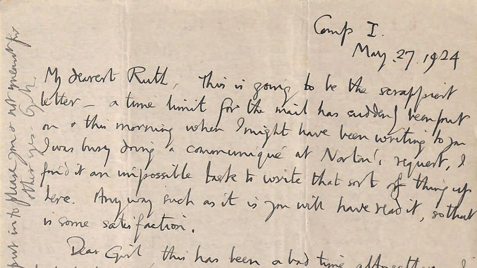 A digitized letter shows part of the final correspondence that Mallory wrote to his wife, Ruth, dated May 27, 1924, as he revealed looking "onto a world of snow & vanishing hopes." - Magdalene College/AP